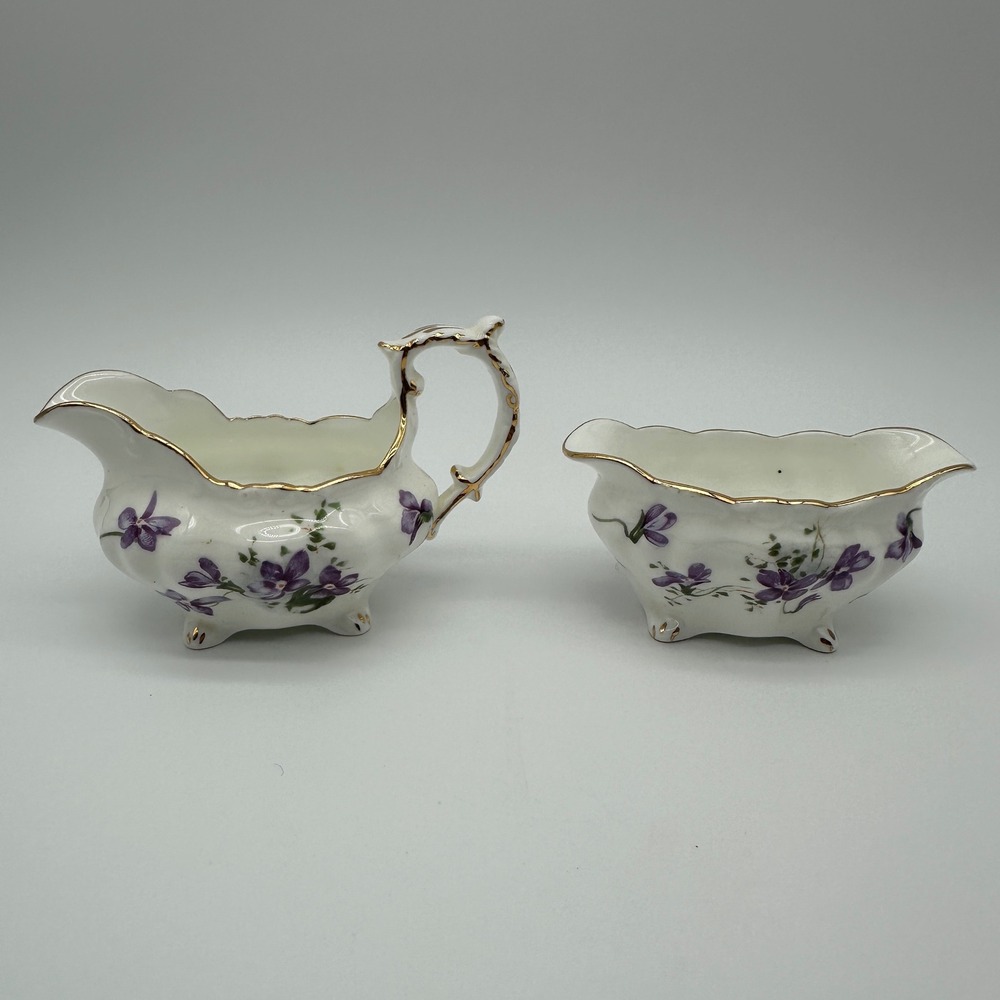 Hammersley Victorian Violets Bone China Creamer and Sugar Bowl Set England